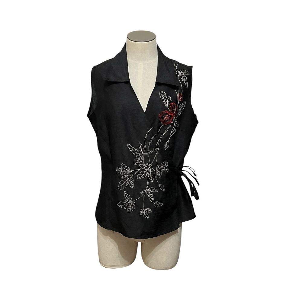 Vintage Whimsigoth Dark Romantic Selene Sport Embroidered Floral Wrap Top Sz M